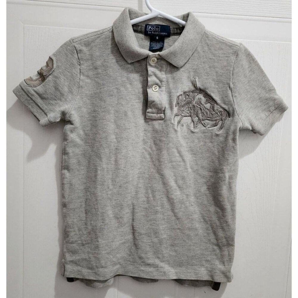 Polo Ralph Lauren Gray Big Embroidered‎ Double Pony Shirt Youth Size 6 Cotton